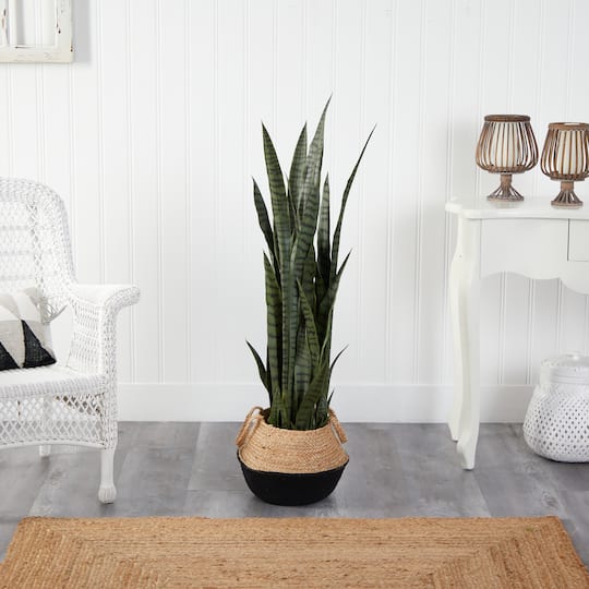46" Sansevieria Artificial Plant in Boho Chic Handmade Cotton & Jute White Woven Planter